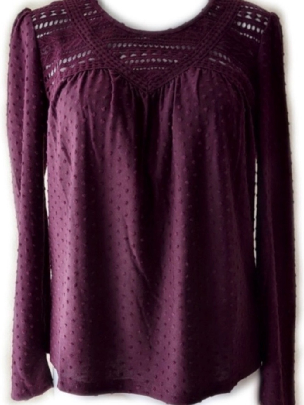 Daniel Rainn Burgundy Crochet Yoke Long Sleeve Swiss Dot Blouse Size S